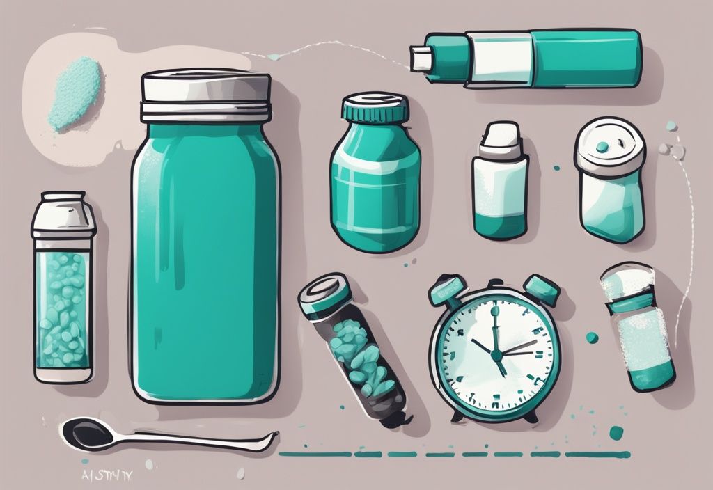 Illustrazione digitale moderna con tema colore teal, cronologia ottimale per consumare proteine in polvere con orologio, contenitore di proteine, shaker e attività quotidiane come sveglia, post-allenamento e ora di dormire.