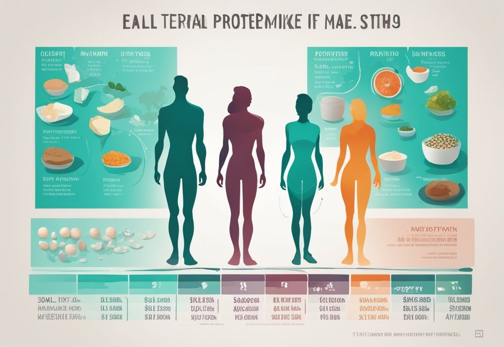 Illustrazione digitale moderna con tema principale in teal, grafico vibrante che mostra le diverse quantità di proteine giornaliere raccomandate per varie fasce d'età e stili di vita.