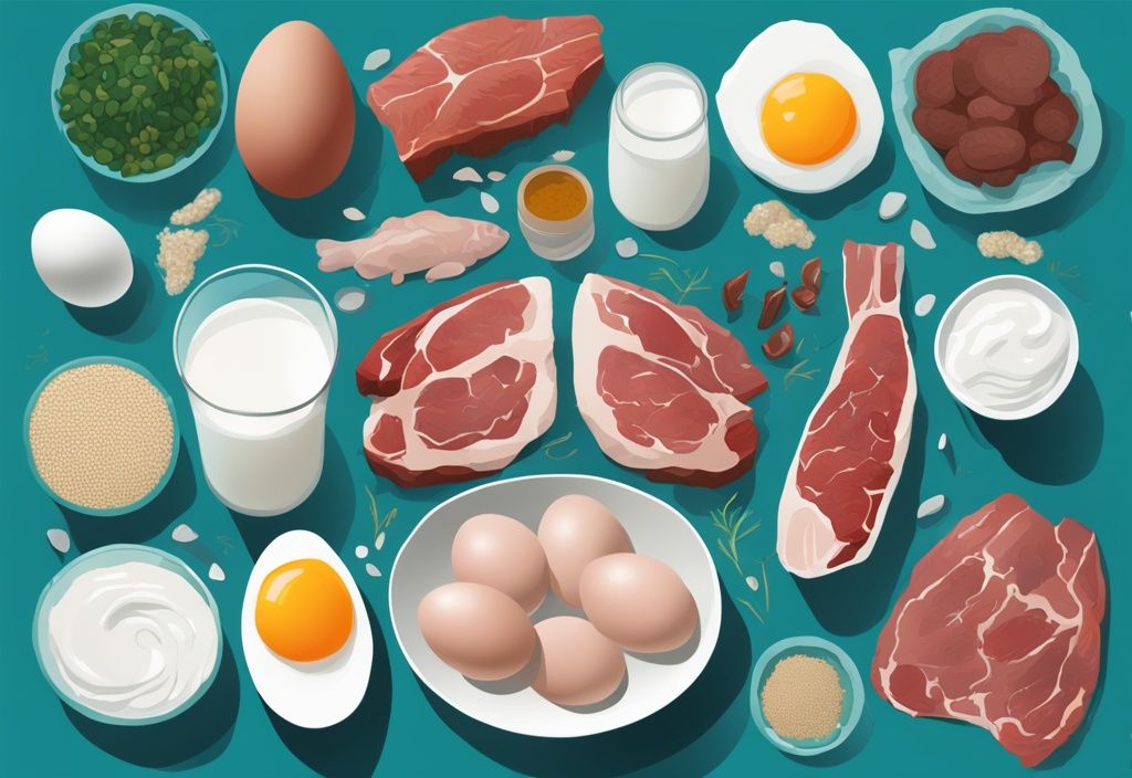 Illustrazione digitale moderna con tema principale color teal, raffigurante un assortimento di alimenti ricchi di proteine per muscoli come uova, carni magre, yogurt greco, pesce e quinoa, su uno sfondo con la silhouette del sistema muscolare ben definito.