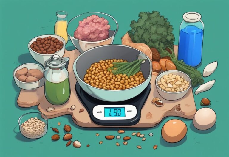 Illustrazione digitale moderna con tema principale color teal, raffigurante una bilancia da cucina che mostra 70 kg, circondata da cibi ad alto contenuto proteico come uova, noci, carne magra e legumi, con una nuvoletta che calcola l'assunzione di proteine; peso 70 kg quante proteine devo assumere.