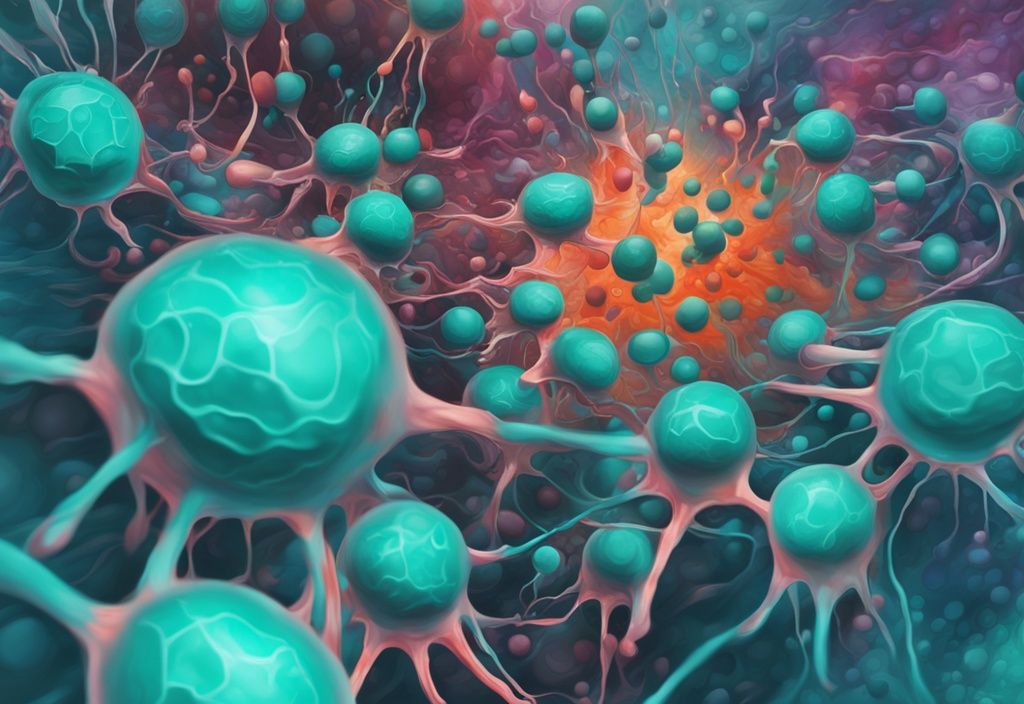 Illustrazione digitale moderna di recettori accoppiati a proteine G su una membrana cellulare, con tema cromatico principale in tonalità di teal.