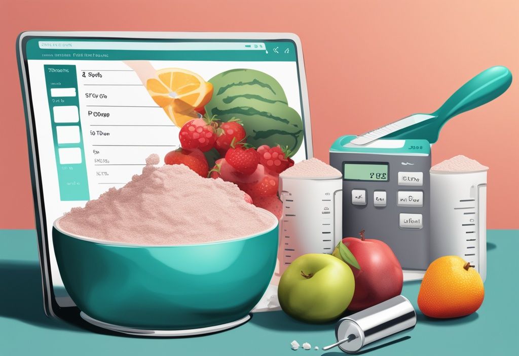 Illustrazione digitale moderna con tema principale color teal, un barattolo di proteine con un misurino accanto a una calcolatrice digitale che mostra le calorie e frutta come opzioni salutari a basso contenuto calorico.