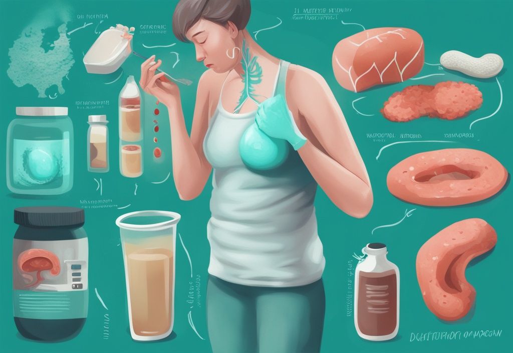 Illustrazione digitale moderna che rappresenta sintomi come gonfiore, disagio digestivo, danni ai reni e carenze nutrizionali causati da un eccessivo consumo di proteine, con tema principale in colore teal.