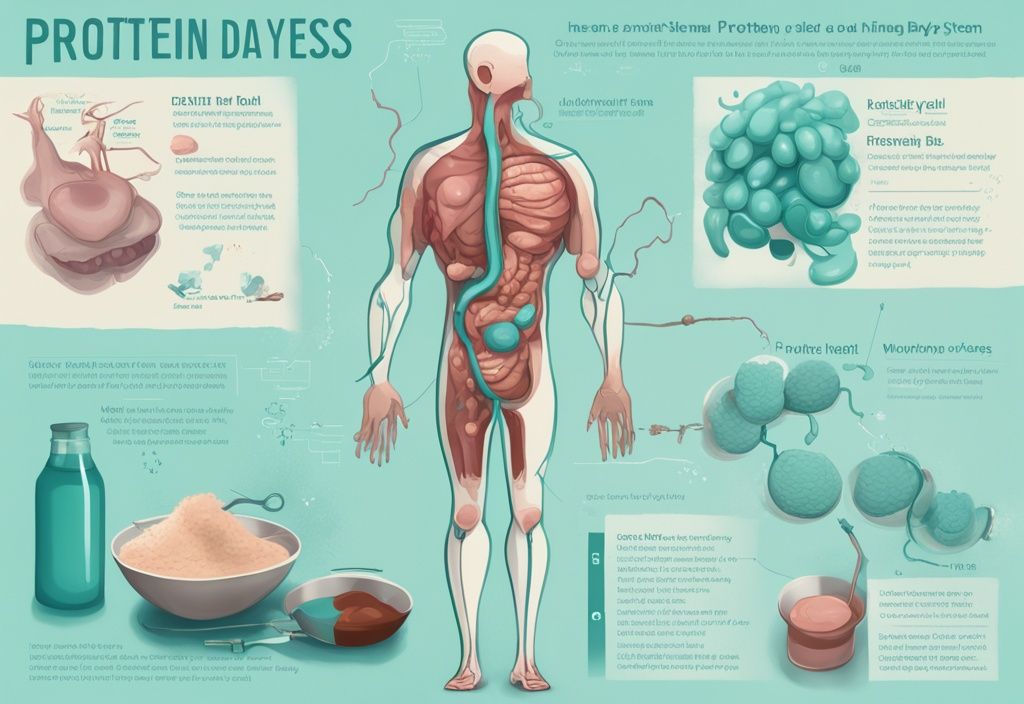 Illustrazione digitale moderna con tema principale color teal, infografica che mostra il processo di scomposizione delle proteine da parte degli enzimi nel sistema digestivo umano.