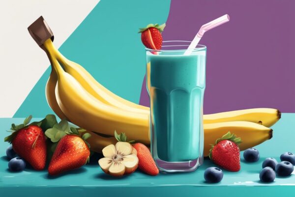 Illustrazione digitale moderna con tema principale color teal, frutta fresca come banane, fragole e mirtilli, e bicchiere di vetro pieno di frullato proteico senza proteine in polvere.