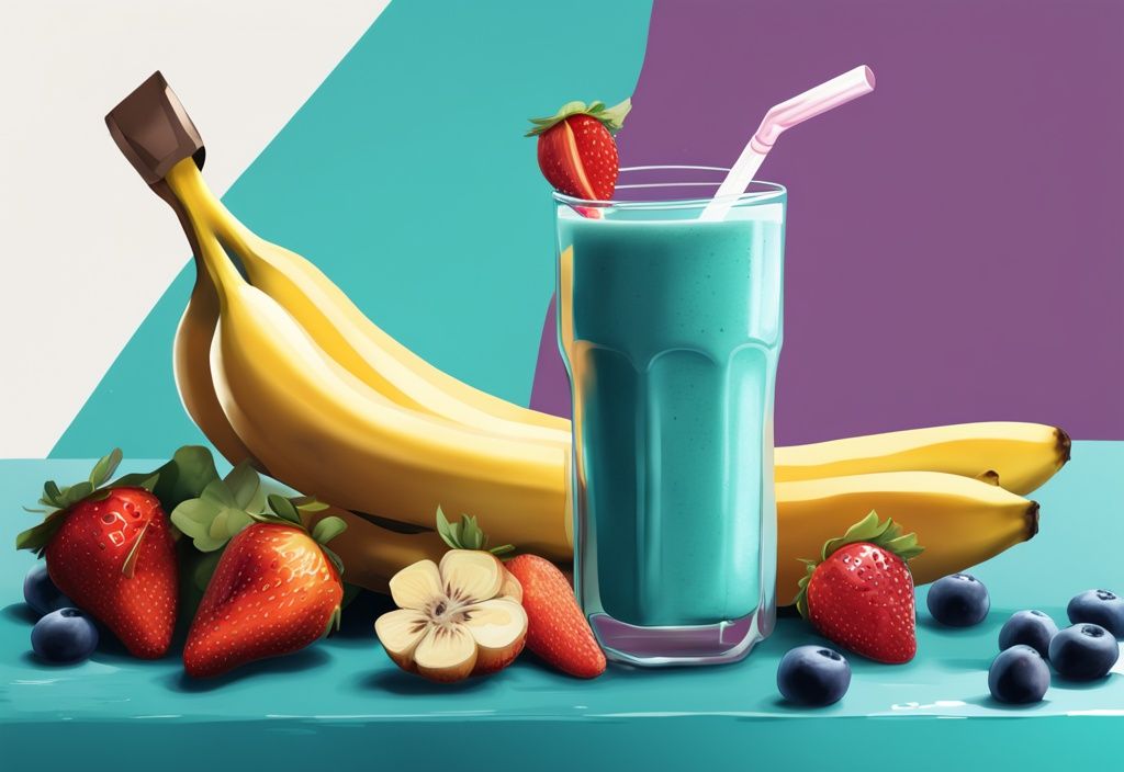 Illustrazione digitale moderna con tema principale color teal, frutta fresca come banane, fragole e mirtilli, e bicchiere di vetro pieno di frullato proteico senza proteine in polvere.