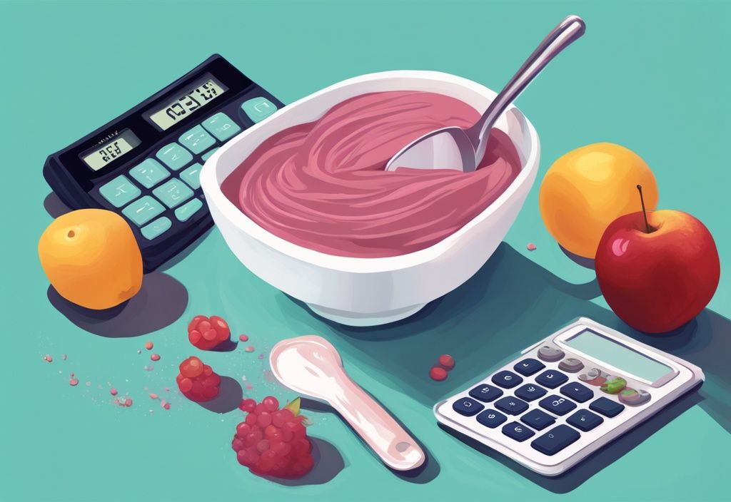 Illustrazione moderna di una vasca di proteine in polvere con misurino accanto a un calcolatore digitale che mostra le calorie e frutta come opzioni salutari a basso contenuto calorico, tema colore teal.