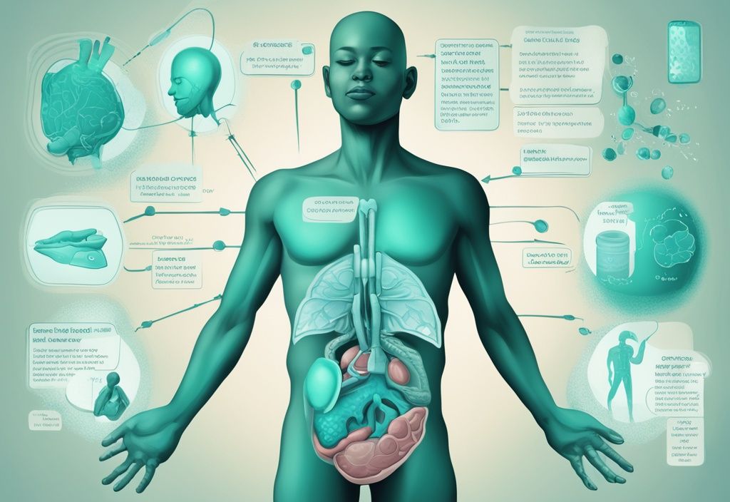 Illustrazione digitale moderna con tema principale color teal, infografica del corpo umano evidenziando fegato e reni con frecce verso bolle di testo che illustrano le cause di bassi livelli di proteine totali.