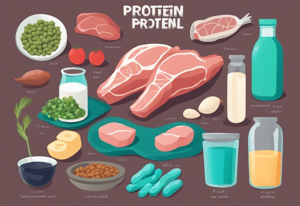 Illustrazione moderna con tema colore teal raffigurante fonti di proteine come carne, latticini e legumi con testo sovrapposto che indica l'assunzione giornaliera raccomandata per la crescita muscolare.