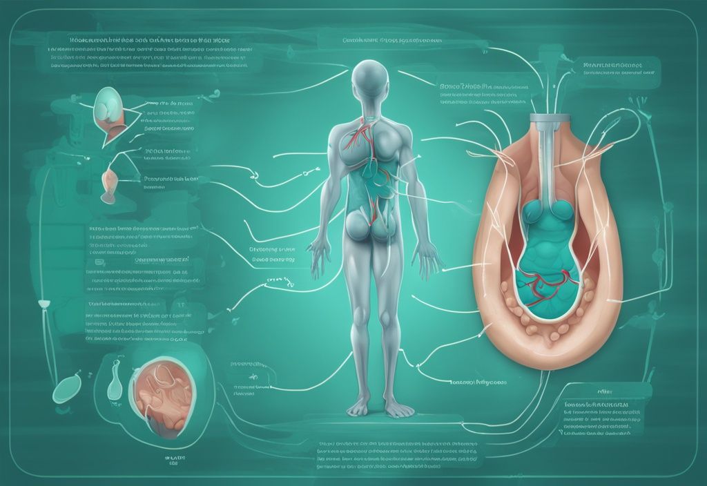 Illustrazione digitale moderna del sistema urinario con frecce che indicano il percorso delle proteine, aree evidenziate delle possibili cause di proteine nelle urine, tema colore teal.