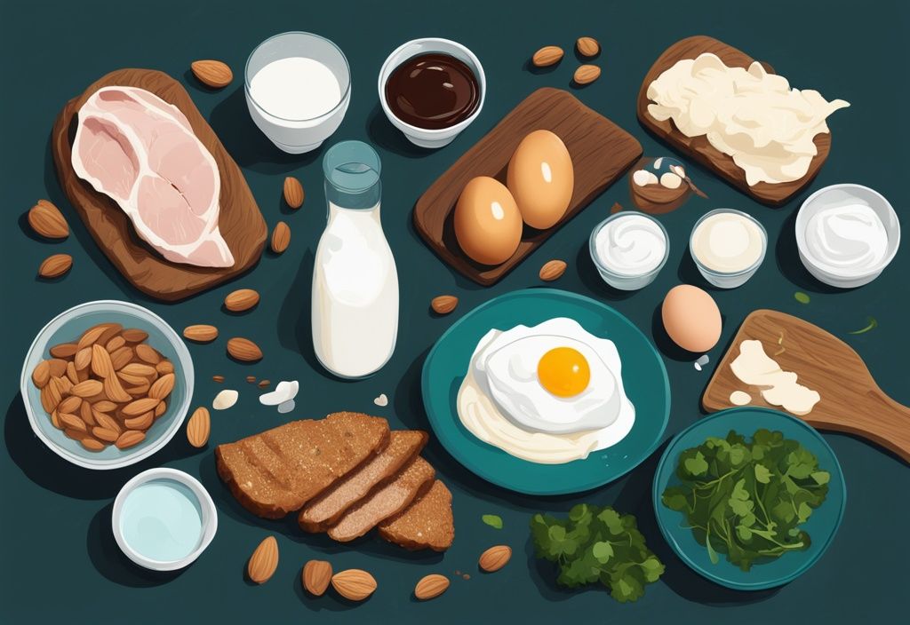 Illustrazione digitale moderna di cibi ad alto contenuto proteico e basso contenuto di carboidrati, come petto di pollo, tonno, uova, mandorle e yogurt greco, su tavolo rustico scuro.