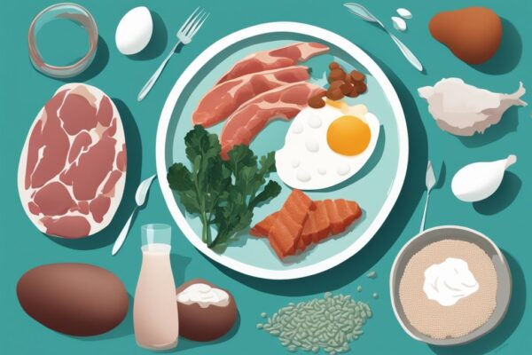 Illustrazione digitale moderna con tema colore teal, raffigurante alimenti ricchi di proteine per muscoli come uova, carni magre, yogurt greco, pesce e quinoa, su sfondo con silhouette del sistema muscolare definito.