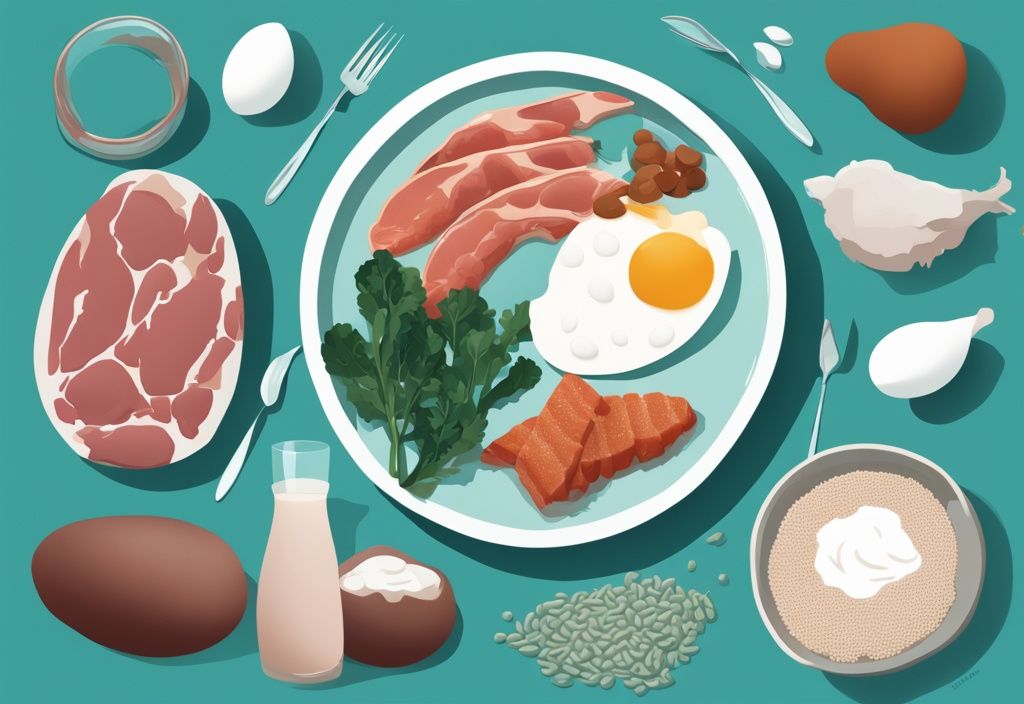 Illustrazione digitale moderna con tema colore teal, raffigurante alimenti ricchi di proteine per muscoli come uova, carni magre, yogurt greco, pesce e quinoa, su sfondo con silhouette del sistema muscolare definito.