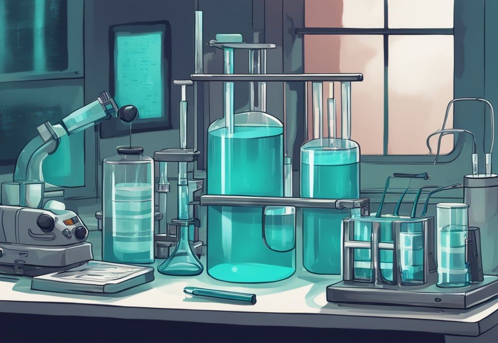 Illustrazione digitale moderna con tema principale color teal, raffigurante attrezzature di laboratorio come pipette, provette e apparato di elettroforesi, che indicano un processo di elettroforesi della proteina S.