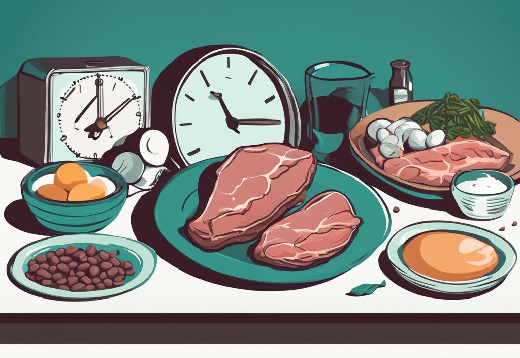 Illustrazione digitale moderna con cibi ricchi di proteine come carne, fagioli, uova e un orologio, che illustra il concetto di proteine a lento rilascio nel tempo, tema principale color teal.