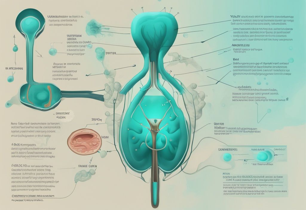 Illustrazione digitale moderna del sistema urinario con tema colore teal, diagramma del percorso delle proteine e aree evidenziate delle possibili cause di proteine nelle urine.