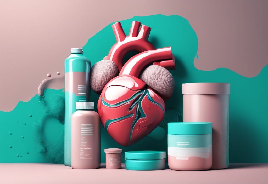 Illustrazione digitale moderna con tema principale color teal, contenitori di proteine in polvere disposti intorno a un cuore umano 3D, riflettendo simbolicamente l'impatto delle proteine in polvere fanno male al cuore.