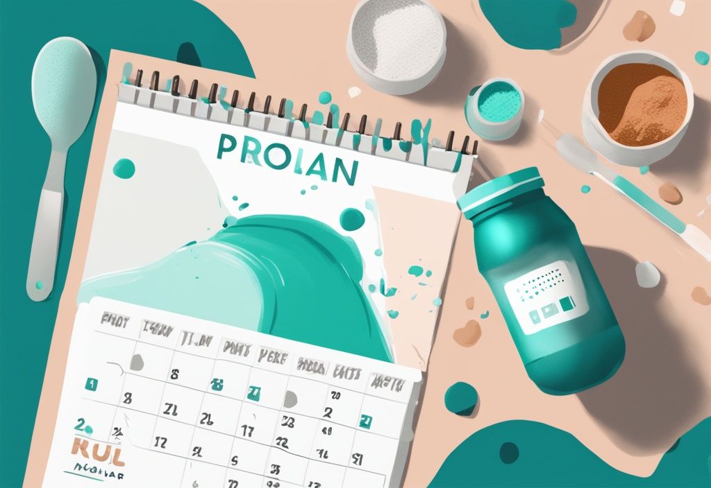 Illustrazione digitale moderna con tema principale color teal, calendario con date segnate che simboleggiano una timeline, accanto a un barattolo di proteine in polvere, un misurino e un bicchiere con bevanda proteica mescolata, per quanto tempo posso assumere proteine in polvere.