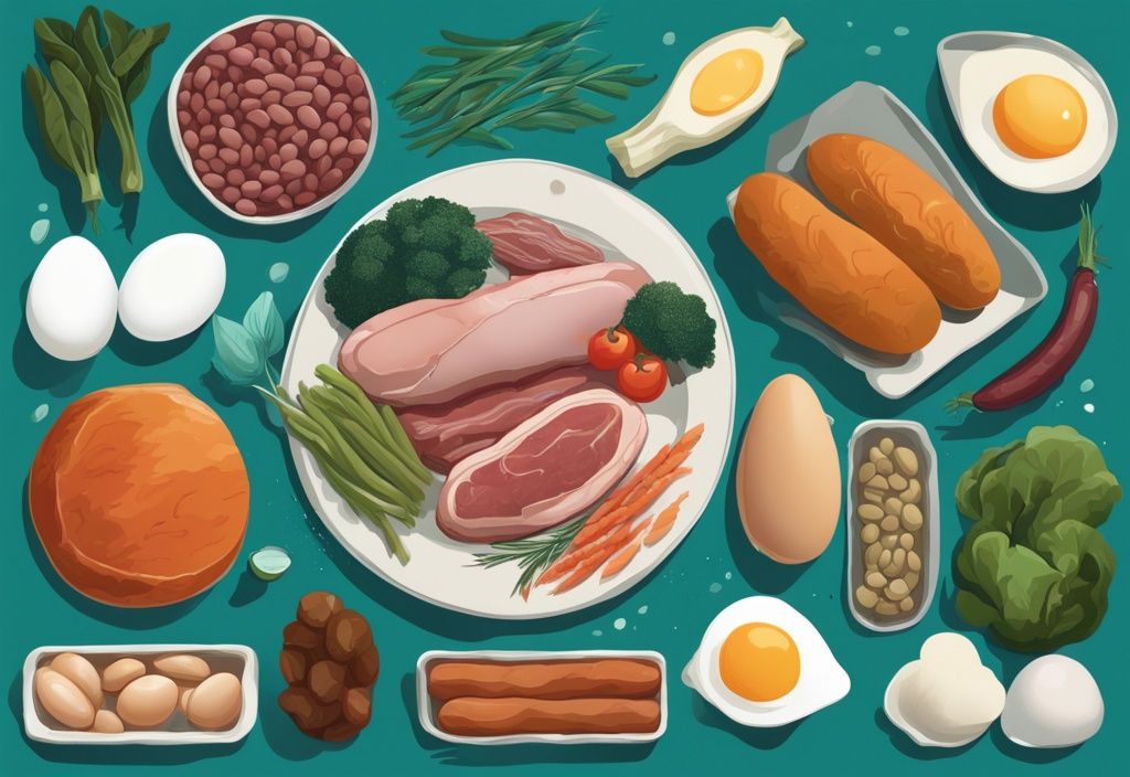 Illustrazione digitale moderna con tema principale color teal che mostra una varietà di cibi, inclusi carni, uova, legumi e verdure, per illustrare il concetto di proteine animali e vegetali.