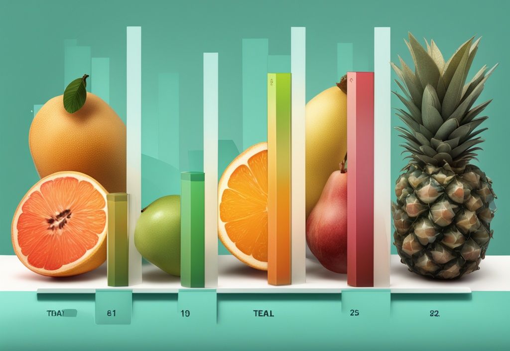 Illustrazione digitale moderna con grafico a barre 3D che confronta frutti popolari, con un frutto notevolmente più alto, indicando il più alto contenuto di proteine, tema colore teal.